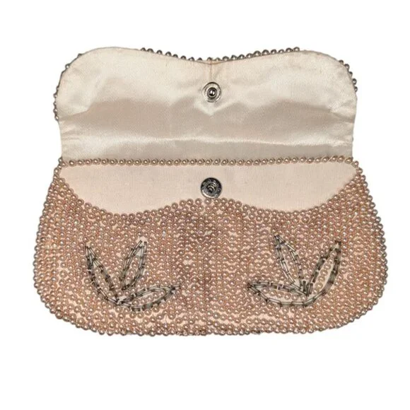 Vintage Pearl Beaded Clutch Floral Design made in Japan 4x7 Inches - Picture 4 of 11